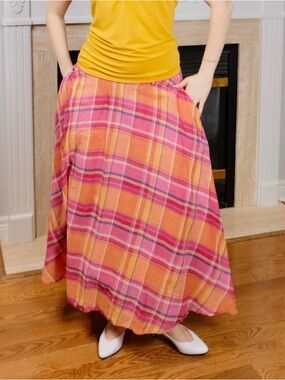 Liz Sport 90’s Plaid Maxi Skirt in Pink and Orange - Women's Casual Summer Skirt